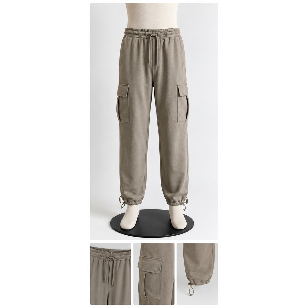 Mens Taupe Cargo Sweatpants Fleece Joggers Drawstring Bungee Hem Pants